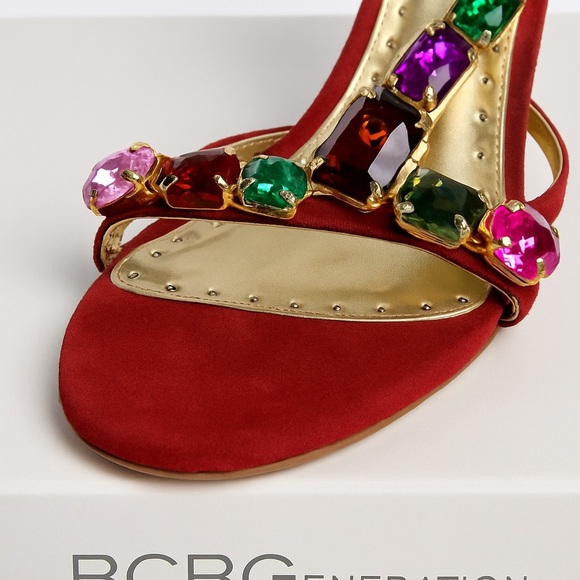 New BCBGeneration Red Strappy Heels with Colorful Gem Embellishments - Picture 2 of 4